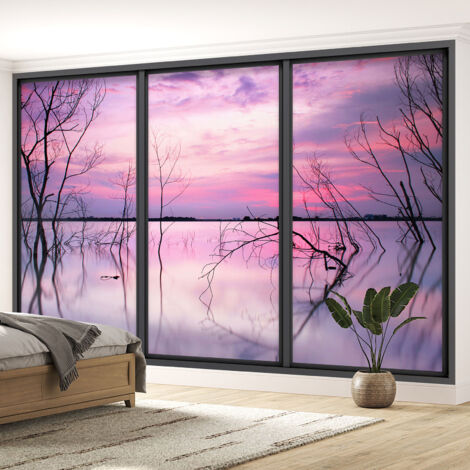 Papier peint panoramique Trompe l'oeil baie vitrée - Vue lac - 130 cm x 78 cm