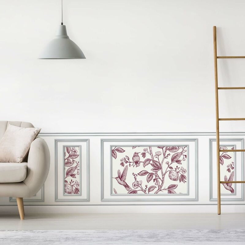 Papier peint trompe l'oeil boiserie, fleurs et oiseaux, 75x200cm. Décoration murale intérieure panoramique.