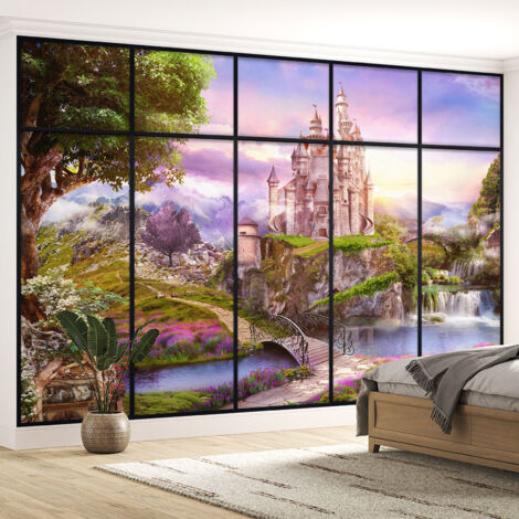 Papier peint panoramique Trompe l'oeil Verrière - Chemin château - 130 cm x 82 cm