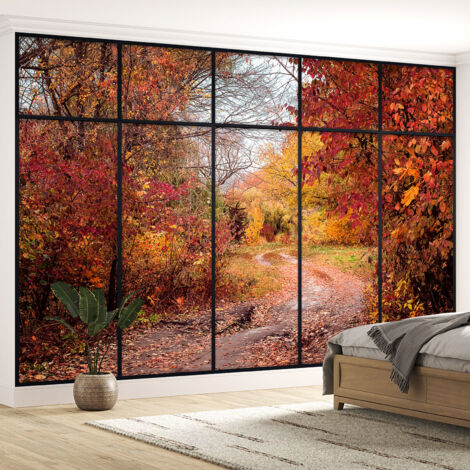 Papier peint panoramique Trompe l'oeil Verrière - Chemin forêt - 195 cm x 123 cm