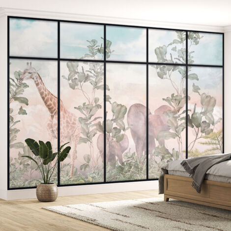 Papier peint panoramique Trompe l'oeil Verrière Enfants - Animaux de la jungle - 130 cm x 82 cm