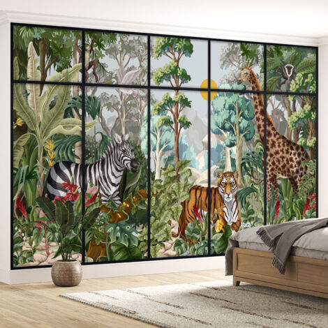 Papier peint panoramique Trompe l'oeil Verrière Enfants - Animaux de la jungle - 130 cm x 82 cm