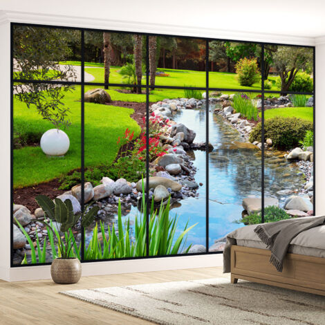 Papier peint panoramique Trompe l'oeil Verrière - Rivière jardin - 130 cm x 82 cm
