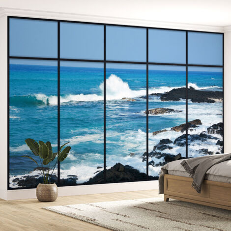 Papier peint panoramique Trompe l'oeil Verrière - Vue mer - 130 cm x 82 cm