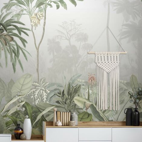 Papier peint panoramique tropical 300 x 280 cm – Motif jungle vert et gris – Texture lisse – Facile à appliquer sans table à tapisser – Art For The Home