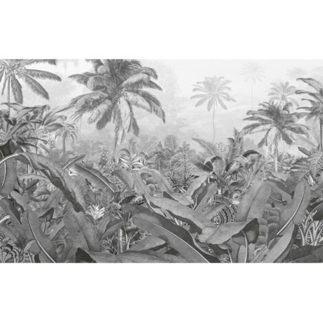 Papier peint panoramique tropical noir et blanc – 8 panneaux intissés 50cm – Dimensions 400x250cm – Encres écologiques à base d'eau – Komar