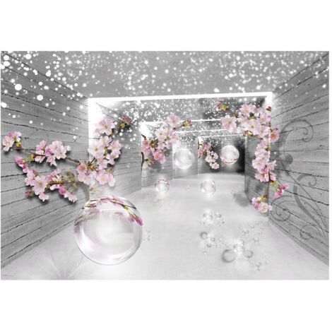 Papier peint panoramique tunnel de fleurs 3D rose gris décoration murale salon – 400 x 280 cm Wallarena