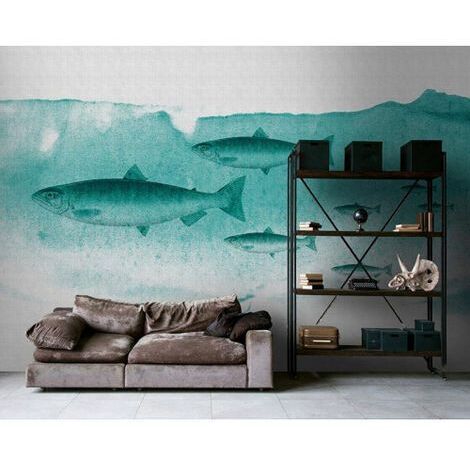Papier peint panoramique turquoise & blanc salle de bain Tapisserie panoramique océan avec poisson Papier peint panoramique mer pour couloir