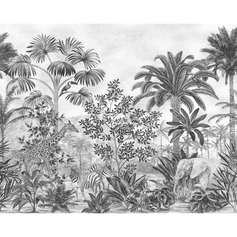 papier peint panoramique une jungle avec des animaux noir et blanc  - Komar