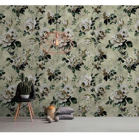 Papier peint panoramique vert, blanc et beige pour bureau Tapisserie panoramique vintage à motif roses Papier peint panoramique fleuri