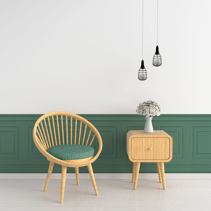 Papier peint panoramique, vert chic, effet trompe l'oeil, boiseries soubassement, 70 cm x 195 cm