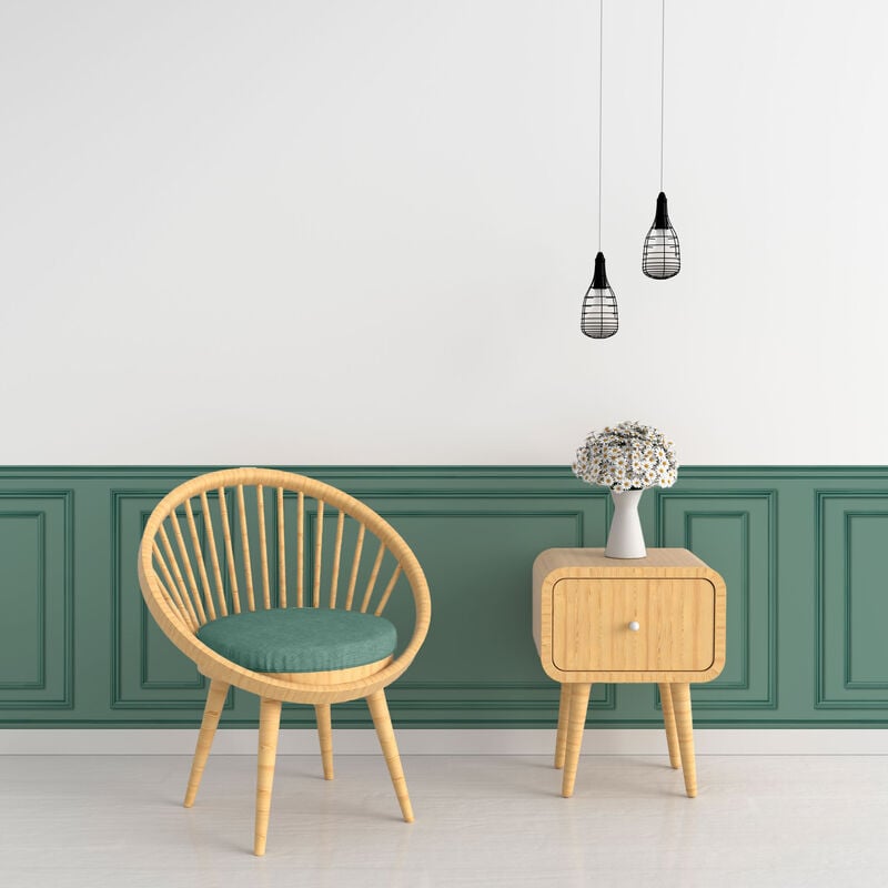 Papier peint panoramique, vert chlorophylle, effet trompe l'oeil, boiseries soubassement, 75 cm x 200 cm