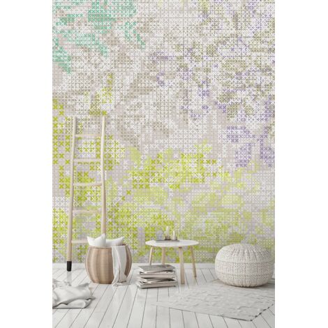 Papier peint panoramique vert et blanc à motifs croix | Tapisserie panoramique couloir et salon | Papier peint panoramique vintage et original - 270 x 400 cm (4 pièces)
