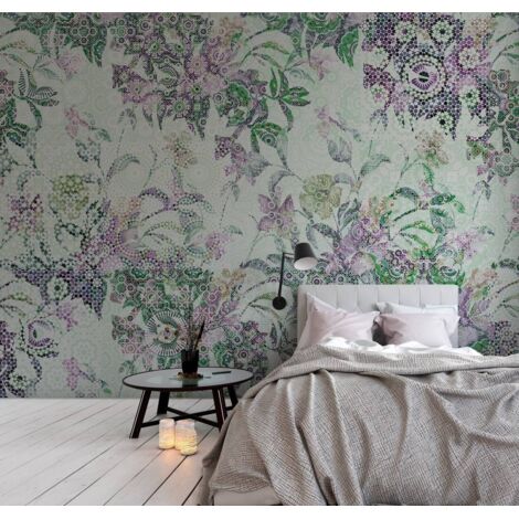Papier peint panoramique vert pastel fleuri | Tapisserie panoramique florale rose et violette | Papier peint panoramique graphique pour bureau - 270 x 400 cm (4 pièces)