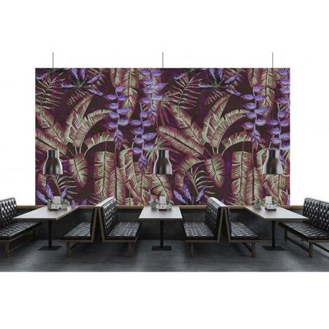 Papier peint panoramique violet et vert tropical Tapisserie panoramique jungle à motif feuilles Papier peint panoramique tendance exotique pour salon