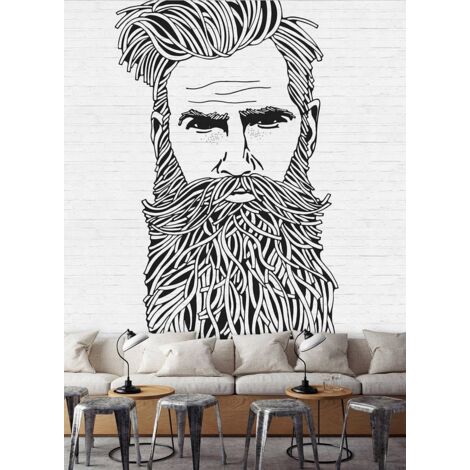 Papier peint panoramique visage homme sur fond brique | Tapisserie panoramique noire & blanche tendance | Papier peint panoramique salon & cuisine - 270 x 400 cm (4 pièces)