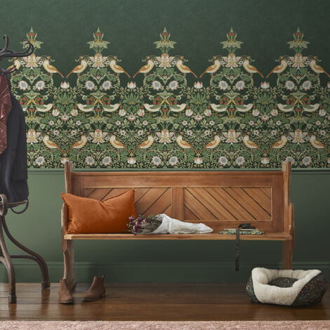 Papier peint panoramique William Morris Strawberry Thief Green 400 x 250cm Vert