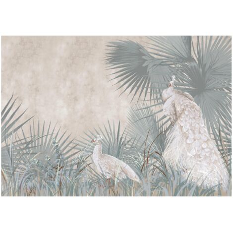 Papier peint paon et feuilles colorées, décoration murale pour salon et chambre à coucher – 350 x 250 cm Wallarena
