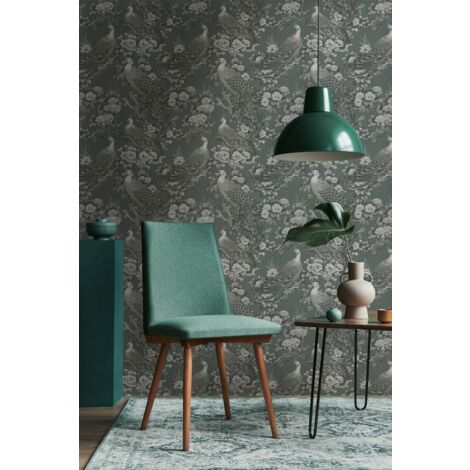 Papier peint paon, oiseaux, vert gris, salon, chambre à coucher, tête de lit, 399821