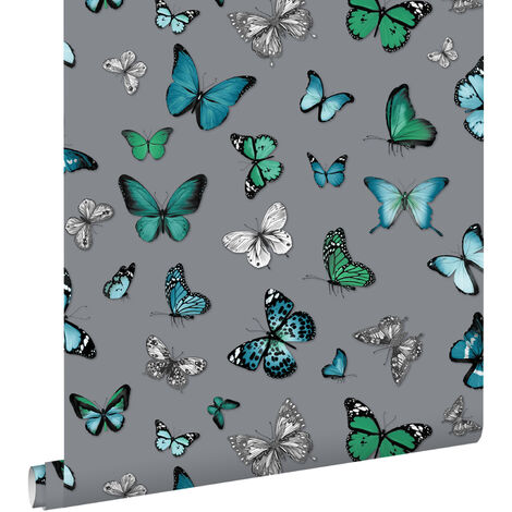 papier peint papillons argent et turquoise  - ESTAhome