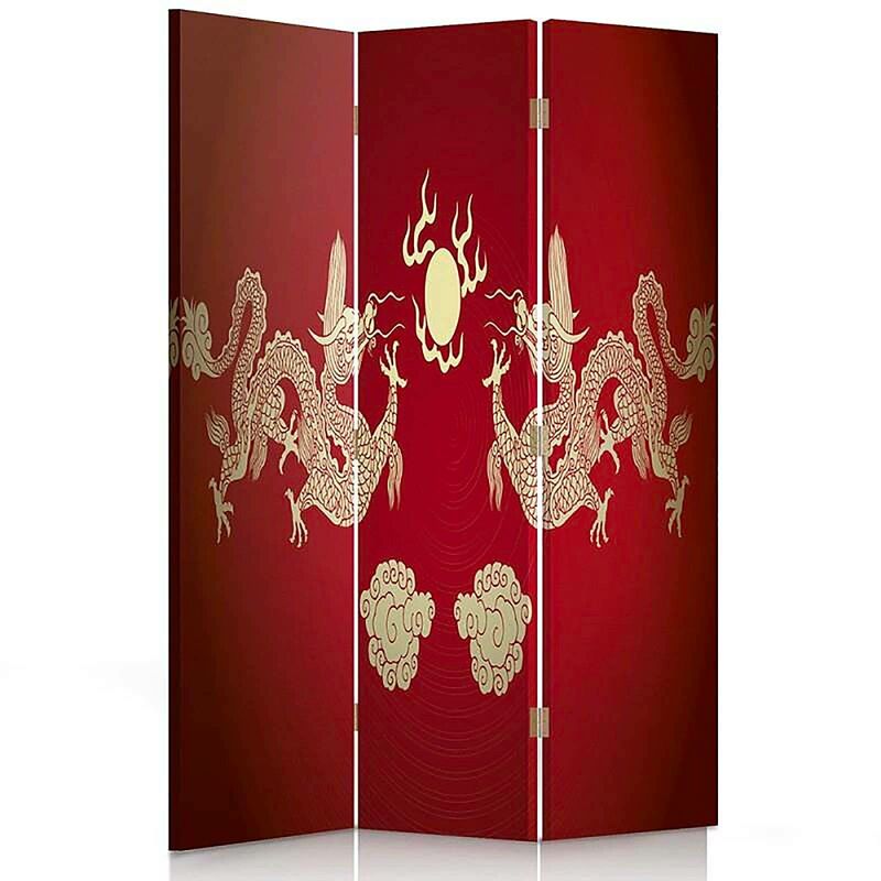 paravent décoratif chinois dragons dorés pour intérieur - 110 x 180 cm - 1 face déco, 1 face noir - rouge