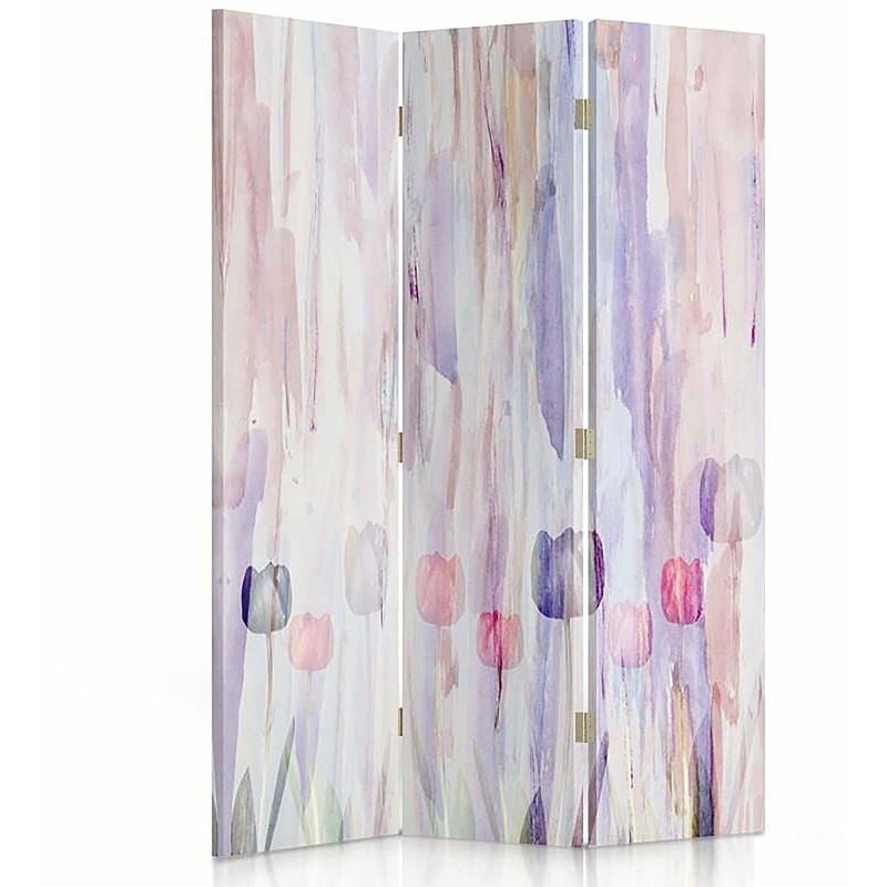feeby - paravent design floral peint à la main - 3 volets déco - 110 x 150 cm - 1 face déco, 1 face noir - violet