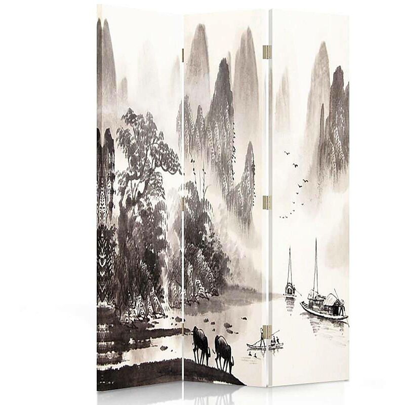 paravent décoratif vallée montagneuse - style chinois - 110 x 150 cm - 1 face déco, 1 face noir - marron