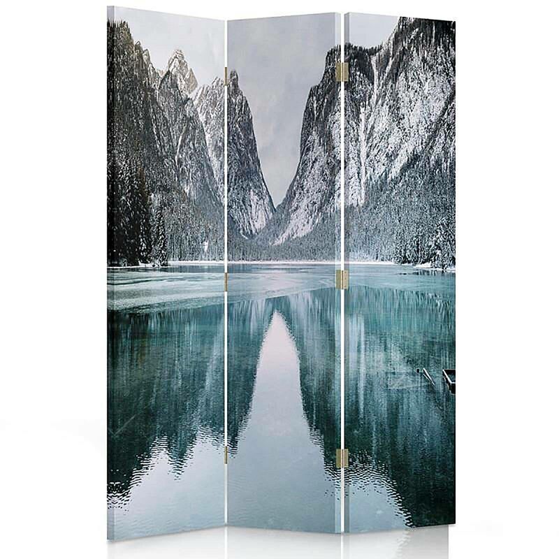 feeby - paravent design montagnes et réflexion lac en 3 volets - 110 x 150 cm - 1 face déco, 1 face noir - gris