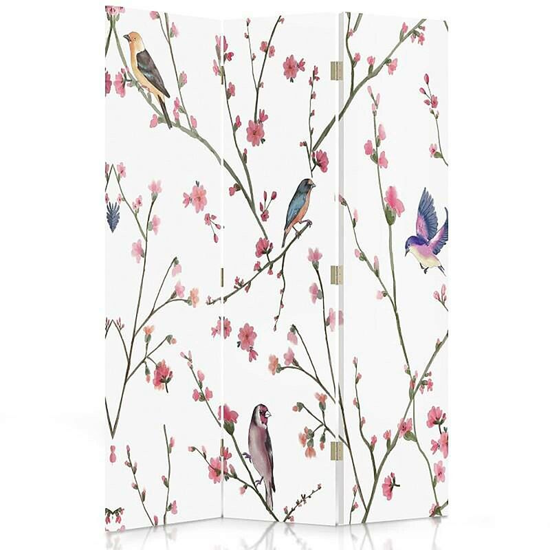 feeby - paravent décoratif oiseaux et fleurs pour intérieur cozy - 110 x 180 cm - 1 face déco, 1 face noir - rose