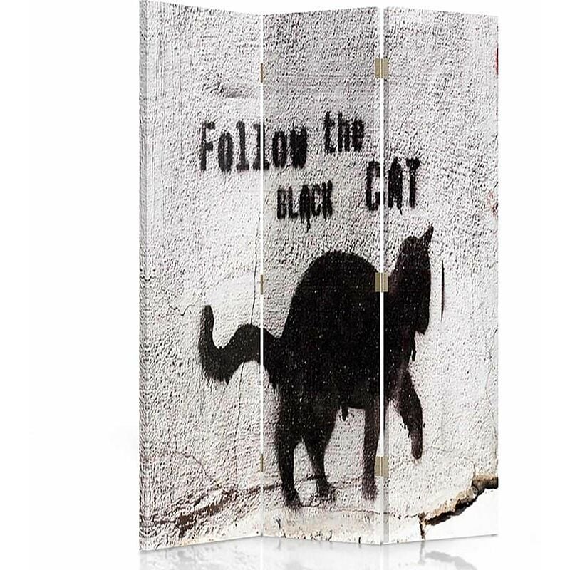feeby - paravent déco urbain chat noir design original - 110 x 180 cm - 2 faces r° v° + rotation 360° - gris