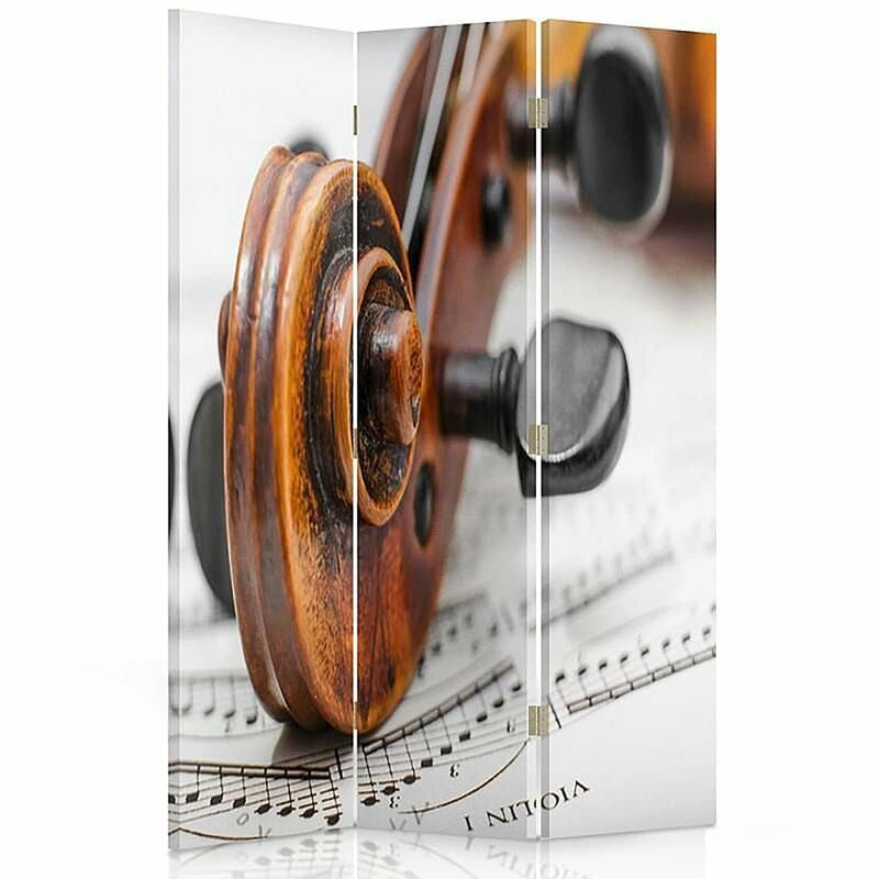 feeby - paravent décoratif intérieur violon et partition musicale - 110 x 150 cm - 2 faces r° v° + rotation 360° - marron