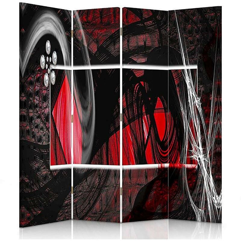feeby - paravent intérieur design abstraction rouge moderne 4 panneaux - 145 x 150 cm - 1 face déco, 1 face noir - rouge