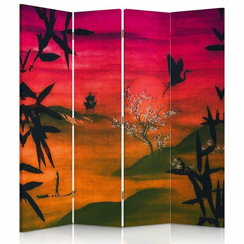 paravent décoratif paysage japonais traditionnel en 4 panneaux - 145 x 180 cm - 1 face déco, 1 face noir - rose