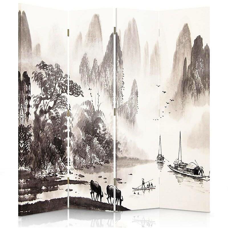 paravent 4 panneaux décor vallée montagneux chinois - 145 x 150 cm - 1 face déco, 1 face noir - marron