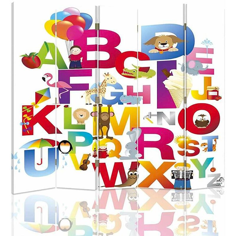 paravent enfant alphabet educatif et coloré 5 volets - 180 x 150 cm - 2 faces r° v° + rotation 360° - multicolore