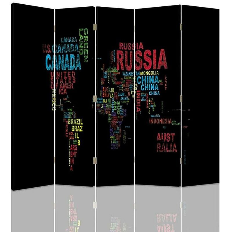paravent 5 volets design carte du monde pour intérieur - 180 x 150 cm - 2 faces r° v° - multicolore