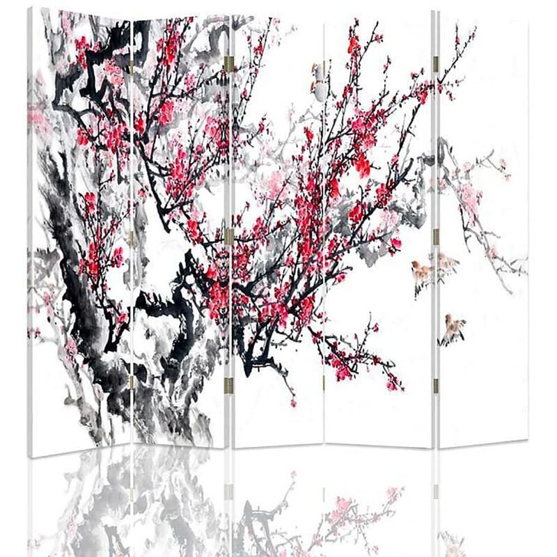 feeby - paravent motif cerisier japonais pour décoration zen - 180 x 180 cm - 1 face déco, 1 face noir - rose