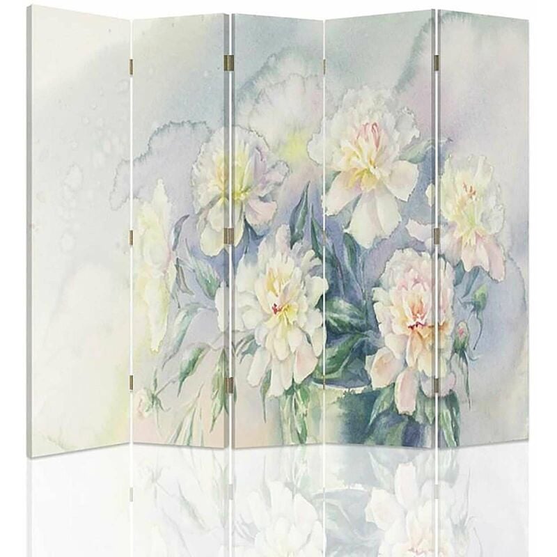 paravent décoratif à fleurs blanches, élégance intemporelle - 180 x 150 cm - 1 face déco, 1 face noir - gris, multicolore