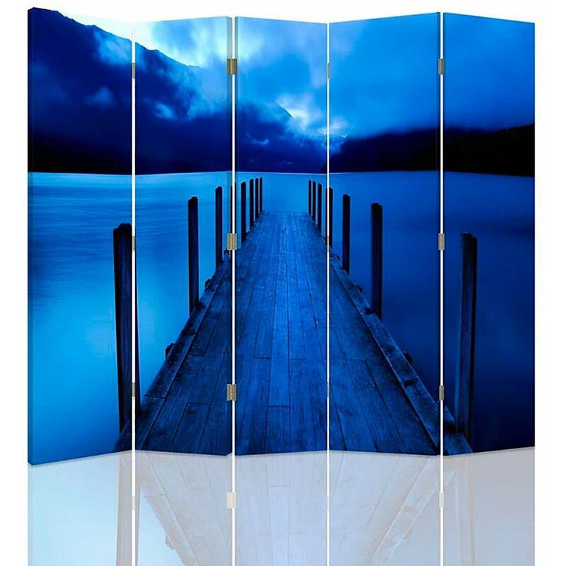 feeby - paravent pont bleu 5 panneaux pour décoration intérieure - 180 x 150 cm - 2 faces r° v° + rotation 360° - bleu