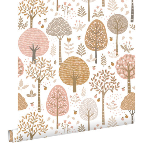 papier peint paysage boisé rose, marron et blanc  - ESTAhome