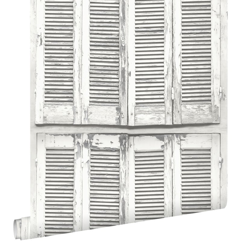 papier peint persiennes altérées en bois rétro vintage gris chaud clair et blanc mat - ESTAhome
