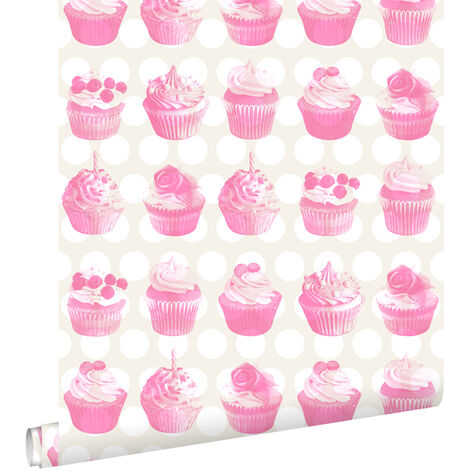 papier peint petits gâteaux sur points brillants rose  - ESTAhome