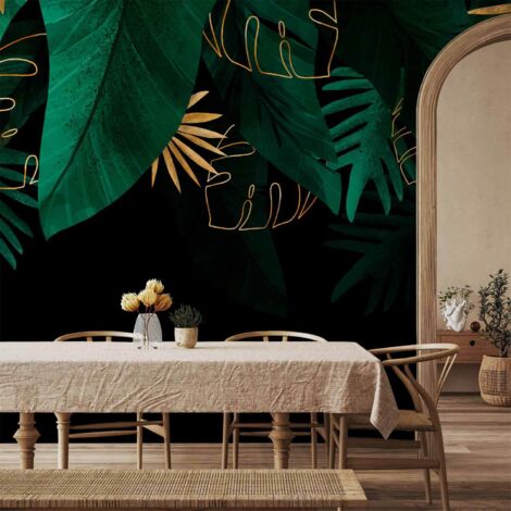 Papier peint photo - Jungle et composition - motif de feuilles vertes et dorées sur fond noir