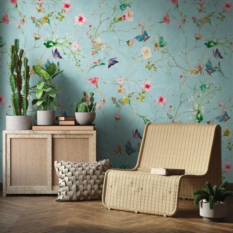 Papier peint photo Profhome 382681 papier peint intissé gaufré à chaud lisse avec un dessin floral mat turquoise vert rose bleu 1,59 m x 2,8 m