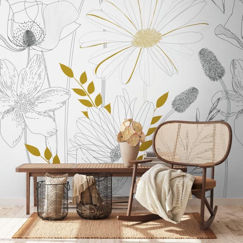 Papier peint photo Profhome 392131 papier peint intissé gaufré à chaud lisse avec un dessin floral mat blanc noir jaune 1,59 m x 2,8 m