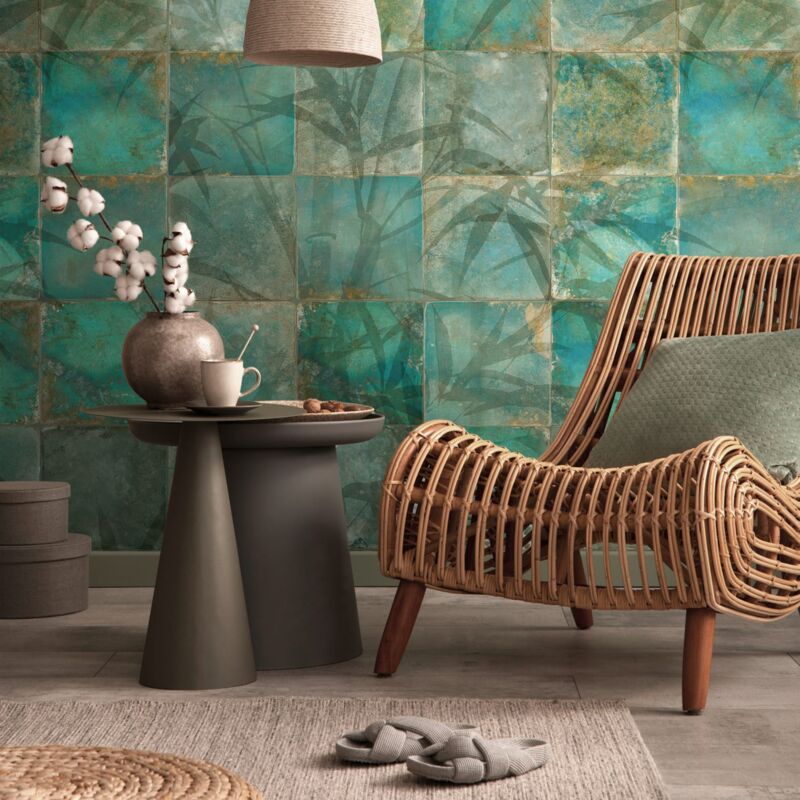 Papier peint photo Profhome 393141 papier peint intissé gaufré à chaud lisse avec des ornements floraux mat vert vert-émeraude vert turquoise olive