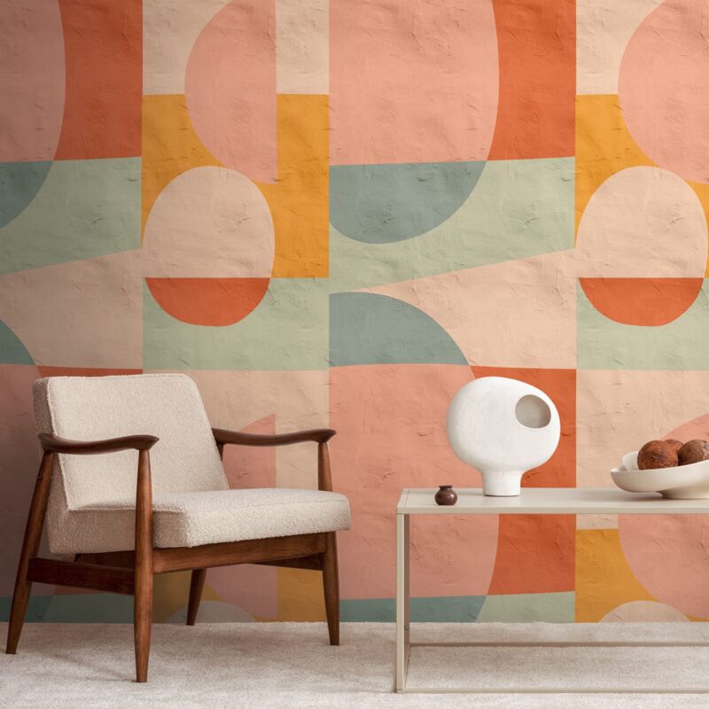 Papier peint photo Profhome 398581 papier peint intissé gaufré à chaud lisse avec un dessin graphique mat rose jaune bleu bleu 1,59 m x 2,8 m