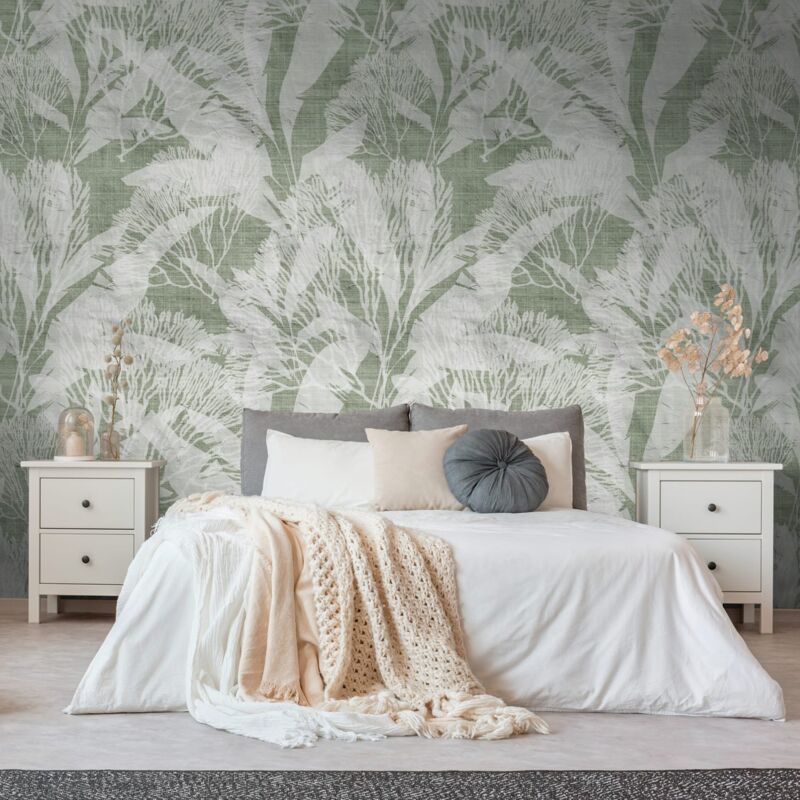 Papier peint photo Profhome 398851 papier peint intissé gaufré à chaud lisse avec des ornements floraux mat vert blanc 1,59 m x 2,8 m
