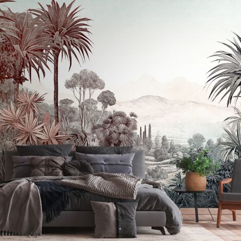 Papier peint photo Profhome 399031 papier peint intissé gaufré à chaud lisse au design de jungle mat brun bleu blanc blanc 3,71 m x 2,8 m
