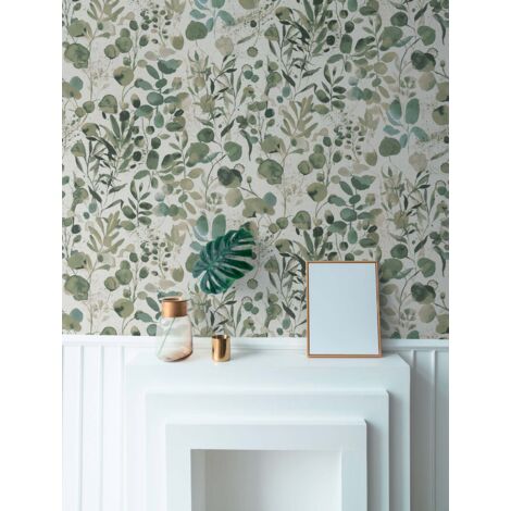 Papier peint plante verte, soleil, fond beige, chambre enfant, salon, cuisine, 396971